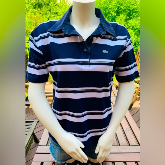 Lacoste marine style woman polo shirt navy blue cotton white striped Logo Eur 40 - Picture 10 of 16